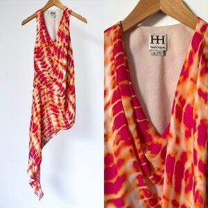 Haute Hippie Cowl Neck Asymmetrical Silk Blouse Tunic in Pink and Orange Tie Dye